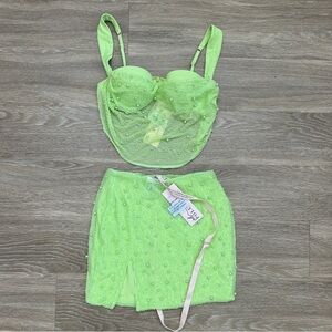 Oh Polly Light Green Embellished Skirt and Top Set